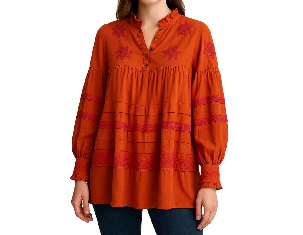 Anthropologie Tunic Top Embroidered Oversized Blouse Size XS